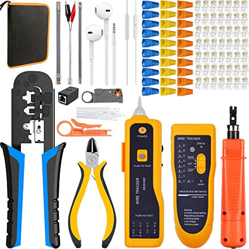 MAYLINEE RJ45 Pelador de cables de red Kit de Herramientas de Crimpado, Probador de cables Cat5 Cat5e Cat6 Herramienta de corte de Prensado para paso 50 Conectores (Naranja)