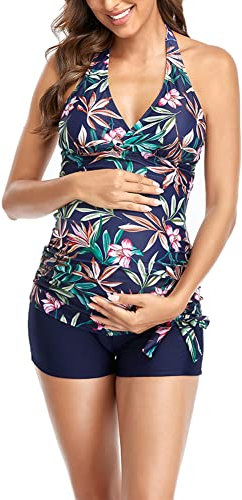 Maillot de Bain de Grossesse Femme Deux Pièces Maternité Élégant Plage Floral Ruched Réglable Tankini 2 Pièces Grossesse Enceintes Beachwear Tankini,Bleu,L