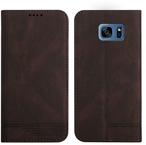 Klapphülle Kompatible für Samsung Galaxy S7, Einfarbig PU Lederhülle Weich TPU Handyhülle mit Kartenfach Stark Magnetverschluss Flip Case -Braun