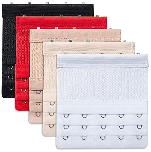 RSXING Women's Bra Extender, Pack of 5 Extenders for Women for Breastfeeding, Bra Extension Belt Have 2 Hooks/3 Hooks/4 Hooks/5 Hooks, Elastic Extension Strap, 5 colors, 3 rows with 5 hooks, S