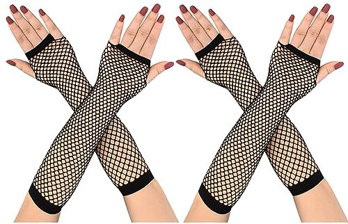 COSFAN 2 Paar Damen Netzhandschuhe,Lange Fingerlose Mesh Handschuhe,Elastische Hohle Handschuhe für Kleid Tanz Party Kostüm Zubehör (Schwarz)