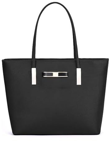kukubird Women's Top-Handle Black Large Tote Bag Handbag Simple Shoulder Bag with Zipper for School Work Leisure-Black