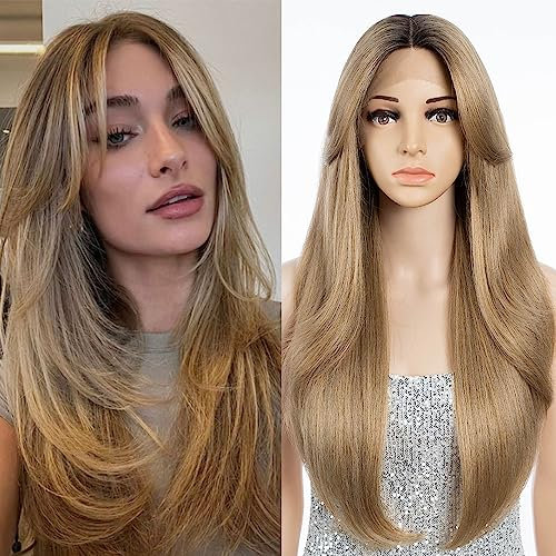 FASHION IDOL Perücke für Frauen Synthetische Spitze Front Tür Vorhang Pony in der Split Lace Hair Stitching Layered Farbe Perücke (71CM, RT6/23C)