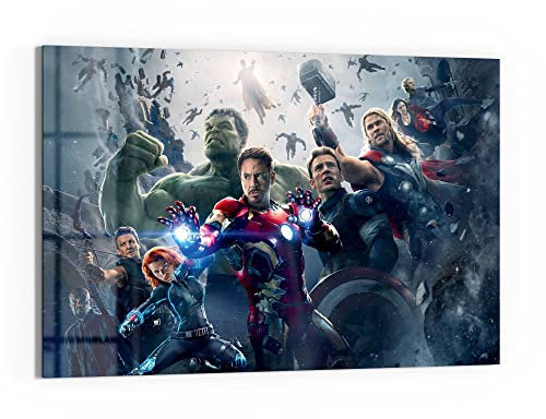 DEQORI Glasbild Echtglas | Motiv Avengers Gruppen Collage | horizontal einteilig 90x60 cm | schöne Dekoration | Wandbild für Wohnzimmer, Schlafzimmer, Flur & Küche | moderne Wanddeko