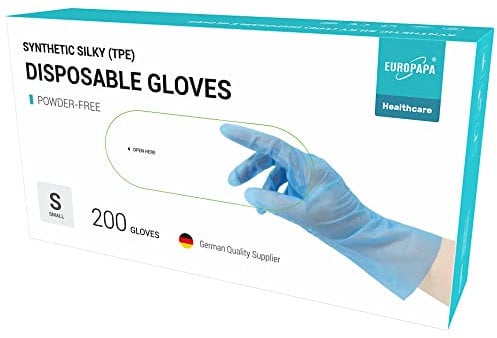 EUROPAPA® Lot de 100, 200, 300, 450 pièces - En TPE transparent et bleu - Gants jetables en caoutchouc sans latex - Non poudrés - Tailles S, M, L, XL (Bleu-200, S)