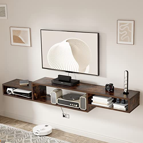 DOUBUY Floating TV Stand Wall Mounted with Power Outlet 70, Floating Entertainment Center, Wood Media Console Shelf for Under TV Storage for Living Room Bedroom Office