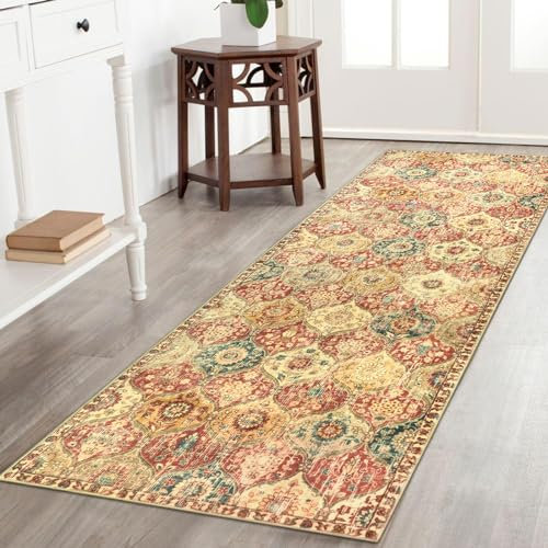 Lahome Marokkanischer Flurteppich, 60 x 200 cm, rutschfest, waschbar, Läufer für Flur, ultradünner Orientteppich für Eingangsbereich, Waschküche, Schlafzimmer, Badezimmer, Rot/Orange