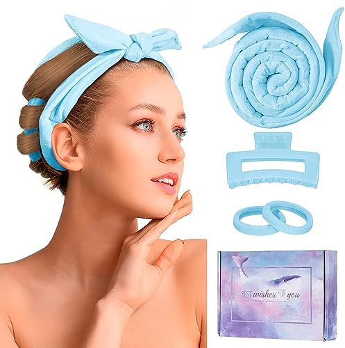 CORATED Neue Lockenwickler Ohne Hitze, Heatless Curls Band Samt über Nacht mit Haarnadel, Heizlose Locken Band, Lockenwickler für langes Haar, Blau