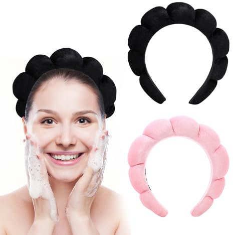 SYEYCW 2 Stück Haarband Kosmetik, Damen Spa Weicher Schwamm Haarbänder Stirnband, Make up Skincare Headband, für Hautpflege, Gesichtsreinigung, Abschminken, Dusche, Sport (Schwarz, Rosa)