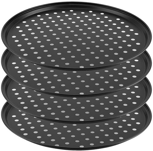 MANCHAP 4 bandejas de pizza de 32 cm, Accesorios Pizza, Bandeja de Pizza Antiadherente de Acero al Carbono con Agujeros, Sartenes Redondas Negras para Hornear Pizza