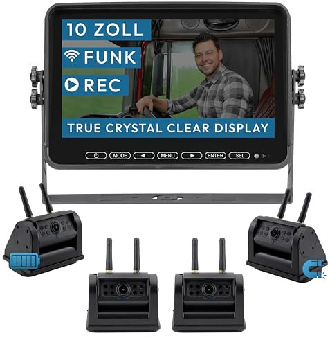 VSG24 10“ Element HD XL | 4 Kameras Funk Rückfahrsystem Akku Magnet für Wohnmobil & LKW, KFZ Set kabellos inkl. Rückfahrkamera + Monitor, DIY Nachrüstung 12V-24V, Kamera digital, Auto Rückspiegel