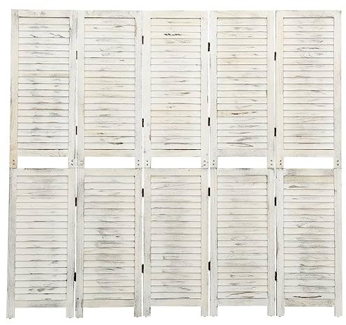 Paravent Raumteiler Innen Vintage 5-teilig Beidseitig Room Divider Wall Raumteiler Stehend Trennwand Sichtschutz Spanische Wand Sichtschutzwand Wohnzimmer Retro, Antikweiß 178,5x166 cm Massivholz