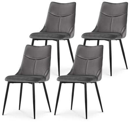 TUKAILAi Esszimmerstühle 4er Set Grau Samt Gepolsterter Sitz Lounge Küchenstühle mit Hoher Rückenlehne Wohnzimmerstühle Freizeit Empfangsstühle mit Metallbeinen