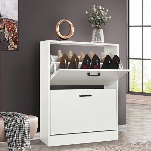 Shoe Cabinet with 2 Drawer, Pull Down Wooden Shoe Storage Organizer Cupboard Shoes Rack Cabinet Freestanding Footwear Rack Stand Hallway, Entryway, Living Rooms, White, 60W x 24D x 80H cm