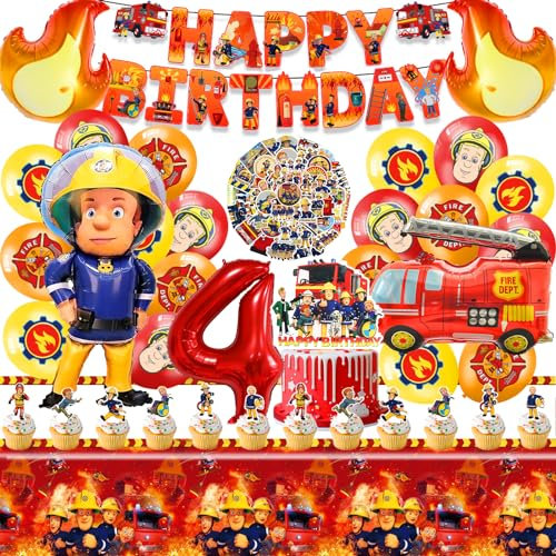 100PCS Feuerwehrmann Geburtstagsdeko 4 Jahre, Geburtstag Deko, Luftballon, Tortendeko, Aufkleber, Tischdecke, Feuerwehr Deko Kindergeburtstag