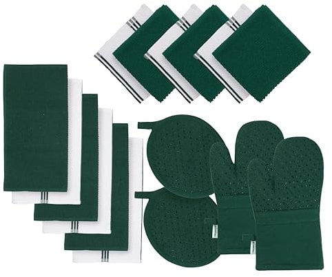Lane Linen Dish Towels and Dishcloths Sets - 16 Pc Kitchen Towels Set, 500 Degree Heat Resistant Kitchen Mitts and Pot Holders, 100% Cotton Dish Towels, Kitchen Dish Rags for Washing Dishes - Green
