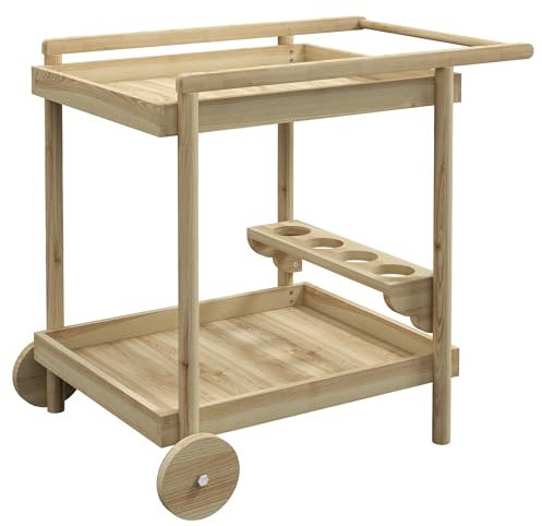 Outsunny Camarera con Ruedas de Madera Carro de Servicio con 2 Estantes 4 Portavasos y Mango para Jardín Terraza Patio 78x58,5x75 cm Natural