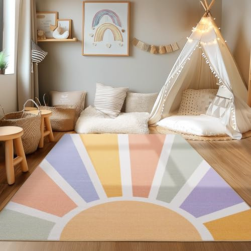 HomebyHome Kurzflor Kinderteppich für Jungen und Mädchen 160 x 230 cm Multicolor Sonnen Design - Waschbarer Teppich Extra Weich und Antiallergen - Teppich für Kinderzimmer, Babyzimmer und Spielzimmer