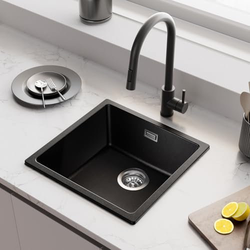 AuraLum pro Evier Cuisine 1 bac 45 x 44 cm, Évier Cuisine en Granit, Evier Noir avec Siphon et Kit de Drainage, Lavabo Cuisine pour sous-meubles Supérieurs à 45 cm