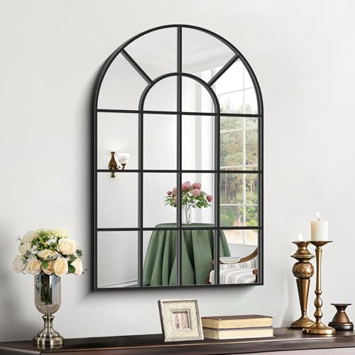 KOCUUY Espejo de Pared Arqueado 50 x 75 cm, Espejo de Pared Decorativo Negro con Marco de Metal, Gran Espejo de Ventana Colgante para SalóN, Dormitorio, Pasillo