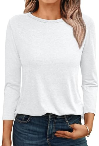 AirMood Womens 3/4 Length Sleeve Shirts Tops Casual Loose Fit Crewneck T-Shirts Basic Blouses (White,XL)