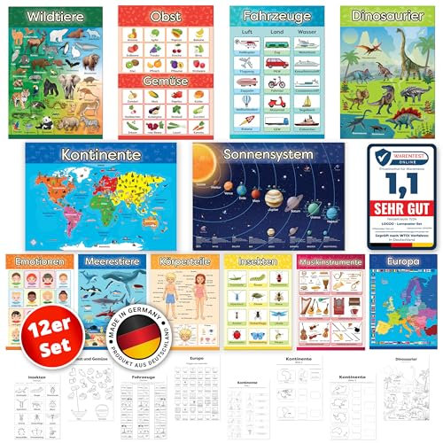 LOGIJO® 12 X pädagogische Montessori Lernposter - Set A3 mit Übungsblättern - Extra Premium Poster Papier seidenmatt - Lerngrundlagen 2 - Lernhilfe für Kinder zur Einschulung, Schulanfang, Grundschule