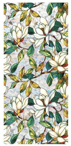 Sichtschutzfolie mit Retro-Blumenmuster, Buntglas-Aufkleber, weiße Mangnolie, Privatsphäre, Regenbogen-Aufkleber, Wohnzimmer, Sonne, blockierend, Dekoration, entfernbar, statisch haftend, 43 x 100 cm