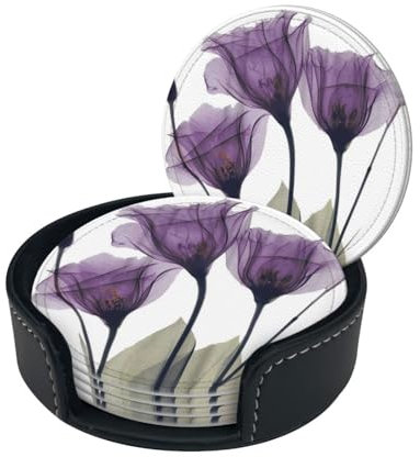 Purple Flowers Lavender Coasters For Drinks Set Of 6, Round Leather Coaster With Holder Drink Coffee Cup Mat Tea Pad Table Pad For Mugs And Cups