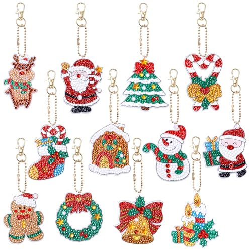 Gosknor 12pcs 5D Christmas Diamond Painting Keychain Kits with Tools, Aesthetic Christmas Tree Diamond Hanging Ornament Christmas Dotz Painting Art for Kids DIY Crafts Family Xmas Decor (12 Designs)