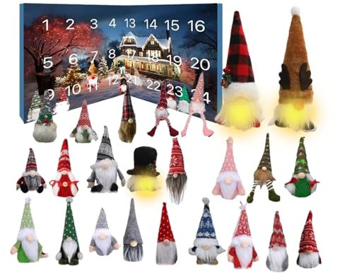 Calendario de Adviento de gnomo 2024 | Calendario de Adviento de 24 días | Calendario de Adviento de Navidad con 3 gnomos brillantes + 21 gnomos normales de decoración navideña para interiores