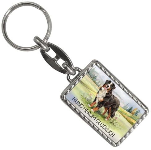 speecheese Berner Sennenhund auf der Wiese - Glücklich Schlüsselanhänger mit Bordüre Einzigartiges Aquarelldesign Berner Sennenhund mit dreifarbigem Fell und weißer Mähne im grasbewachsenen