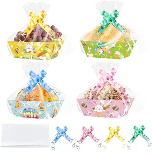 QMLING 12 Stück Osterkörbe Pappe, Geschenkkorb Leer mit Zellophanbeuteln und Zugschleifen, Niedliche Hasen-Geschenkkörbe, Ostern Präsentkorb Leer für Geschenkverpackungen Partyzubehör