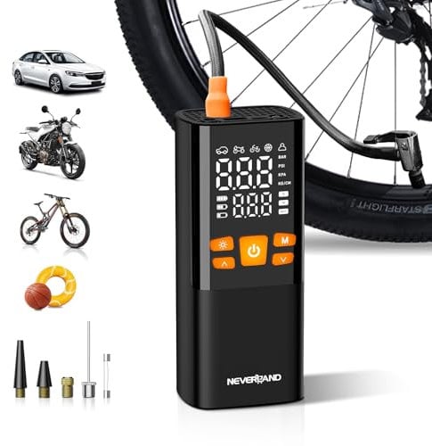 NEVERLAND Fahrradpumpe Elektrische Luftpumpe Akku Kompressor - 150 PSI 16000mAh Tragbare Mini Luftpumpe für Auto, Motorrad, Fahrrad & Bälle, mit Manometer, LED Taschenlampe, Powerbank Funktion