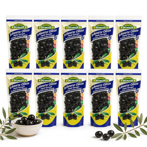 Feinkost Dittmann Naturgereifte Oliven Schwarz Facon Greque mit Steinn 250g | Wiederverschließbarer Standbeutel, 10er Pack - Trocken eingelegte Schwarze Olivenfrucht - Ideal für Tapas, als Snack uvm.