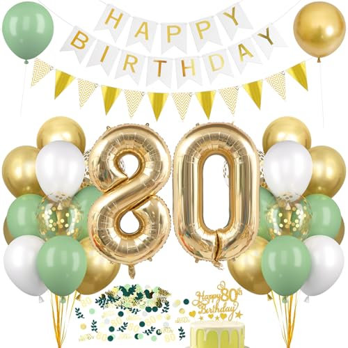 Deko 80. Geburtstag Salbeigrüne, Luftballons 80 Geburtstag Deko Set Grün Weiß Gold, Ballon 80 mit Banner Tortendeko, Happy Birthday Girlande, für Frau Männer 80 Jahre Geburtstagsdeko