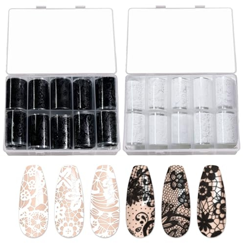 Nail Foil Transfer Paper Kit - 20 Rolls, Lace & Starry Sky Patterns, 2 Colors, 0.79 x 39.37 Inches, Easy to Apply, Perfect for Nail Art & DIY Crafts