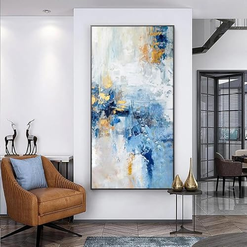 JACBON Grande peinture murale abstraite bleue sur toile, art blanc, XXL, décoration murale contemporaine pour salon, 65 x 125 cm (26 x 49 pouces), sans cadre