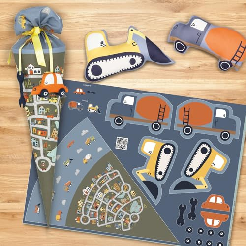 VmG-Store Cut & Sew Stoffpanel zum selbst Nähen 95cm Höhe Stoff als Panel mit Nähanleitung Dekoration für Kinderzimmer Kinder Babys (PN004 Schultüte Autos)