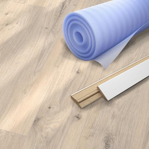 Laminatdepot I 2,494 m² Laminat + kostenlose Trittschalldämmung & Fußleiste I Tajo Eiche 7 mm Holzoptik Oak I Laminatboden Klicksystem I Klicklaminat I Fußbodenheizung geeignet I Landhaus Dielenform
