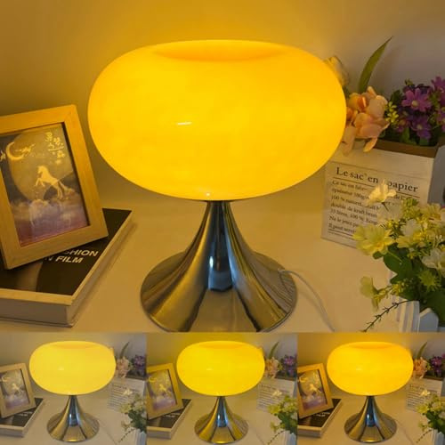 OOWOKS Tischlampe Orange mit Kabel LED Tischleuchte Vintage mit Glas Lampenschirm 3000K/4500K/6000K Bauhaus Macaron Lampe Retro Pilz Lampe Orange Deko Nachtlicht für Wohnzimmer Esszimmer Schlafzimmer