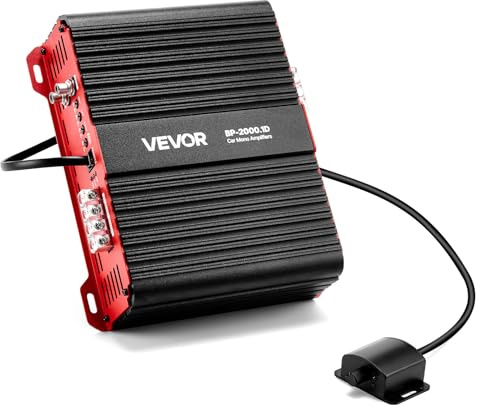 VEVOR Ampli Voiture Monobloc, Amplificateur Audio Auto 1 Canal, Classe D, 2000 W RMS Max, Stable sous 1/2/4 ohms, avec Télécommande pour Niveau du Subwoofer, Filtre Passe-bas, Amplification des Basses