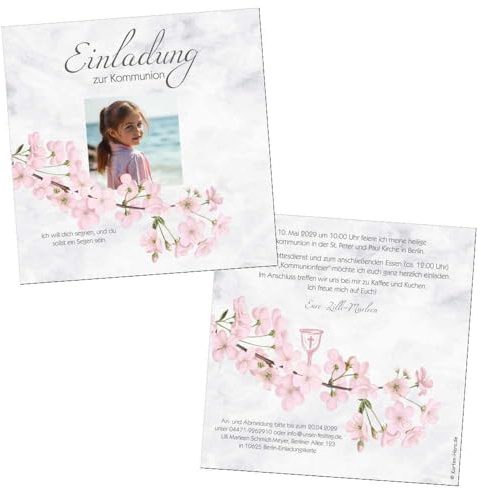 Einladung zur Kommunion für Mädchen, quadratisch 14,5 x 14,5 cm | beidseitig bedruckt, mit Foto und individuellem Text, rosa Blüten, 5 - 100 Stück