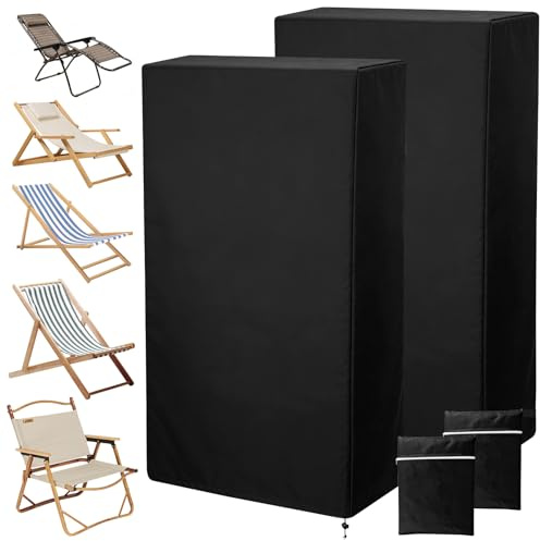 2 Pack Garden Chair Covers Waterproof Folding Recliner Chair Cover,71 x 110cm Oxford Cloth Anti-UV Dustproof Folding Reclining Chairs Cover with Storage Bag for Outdoor Garden Patio(Black)