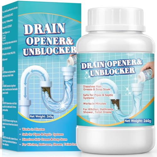 Extra starker Abflussreiniger, Profi Rohrreiniger für Küche, WC, Dusche und Außenleitungen, Schnell wirkendes Rohrreiniger Pulver für freie Abflüsse, entfernt Haare, Fett und Speisereste (260G)
