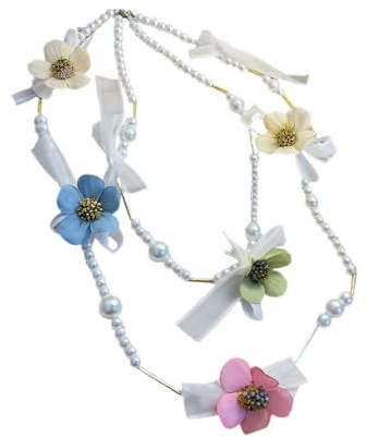 Generisch Romantics Französisch inspirierte Perlen und Blumenperlen Halskette, modischer Statement Schmuck für Mädchen und Frauen, geschichtete Stein Blumenanhänger Halskette