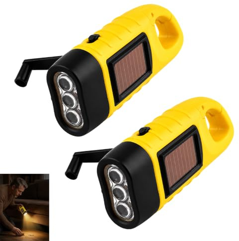 Dbaemu 2 Pack Hand Crank Flashlight, Solar Torch Emergency LED Flashlight Portable Wind Up Survival Light with Solar Powered Dynamo Charging Carabiner Hook for Camping Hiking Climbing Travel Yellow