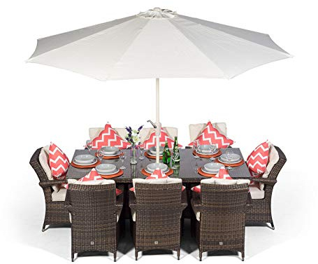Giardino Arizona Rattan Garden Dining Set 8 Seater Outdoor Rectangular Garden Table & Chairs Patio Furniture with Parasol & Cover, 200 x 100cm, Brown