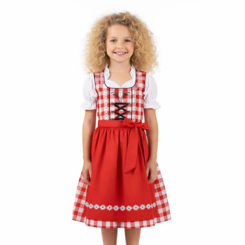 Robe traditionnelle Dirndl 3 pièces pour fille Rouge/blanc à carreaux Tailles 104,116,128,140,152