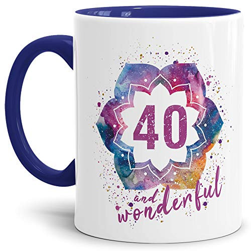 Geburtstags-Tasse 40 and Wonderful Geburtstags-Geschenk zum 40. Geburtstag als Geschenkidee für die Frau/Abstrakt/Bunt/Kaffeetasse/Innen & Henkel Dunkelblau