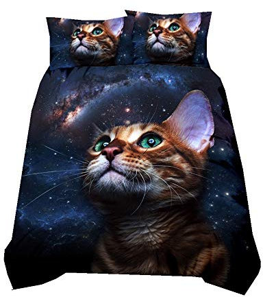 Sticker superb 2/3 Teilig Blau Schwarz Geheimnis Galaxis Star Polyester Bettbezug, Schön Tier Katze Hund Bettwäsche Set mit Kissenbezug Sommer Herbst (Katze 1, 135x200cm)